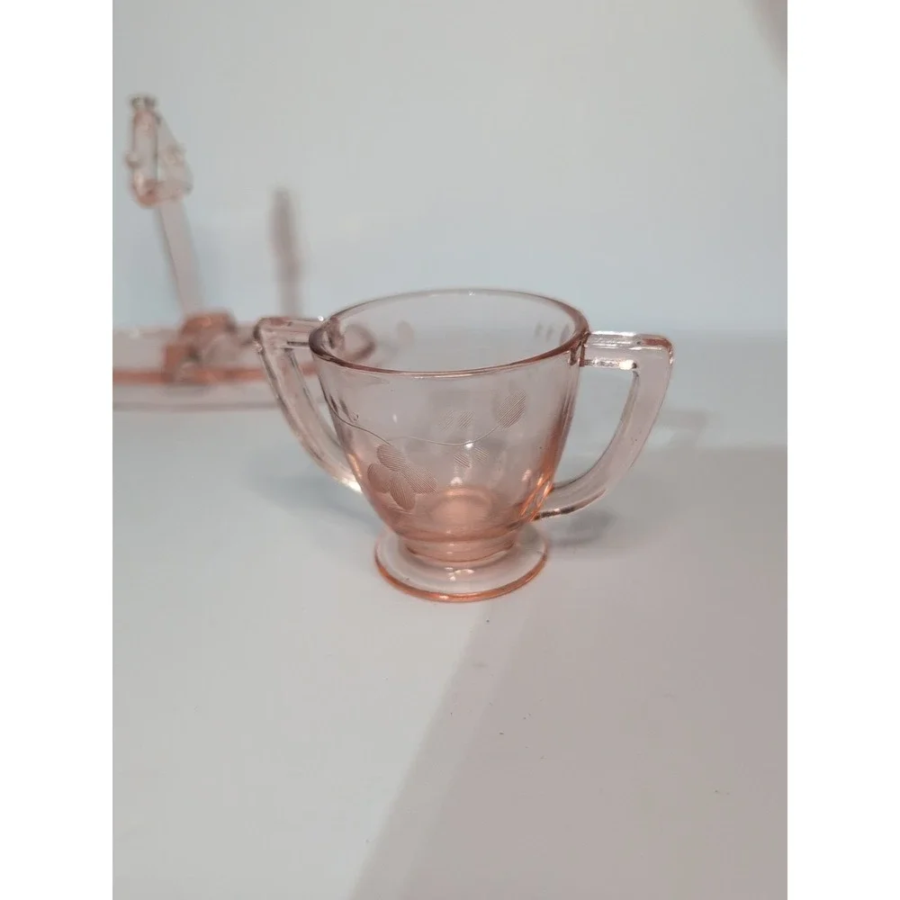 Pink Depression Etched Glass 3-Piece Set: Sugar, Creamer, &  tray coffee tea